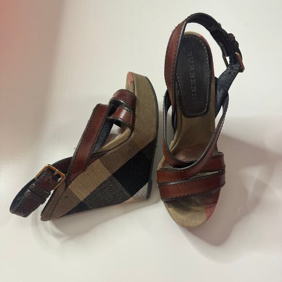 BURBERRY Warlowe Novacheck Leather Wedge Sandals Platform Brown  EU 37.5 - Picture 1 of 8
